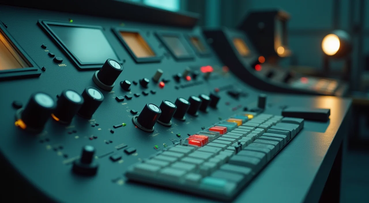 Editorial still life of a factory control console with unlabeled brass knobs and matte acrylic surfaces under focused lighting
