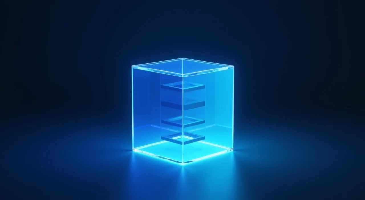 A stylized glass cube split between deep blue and cyan lighting, symbolizing the separation of transactional data and vector retrieval layers in enterprise database architecture.