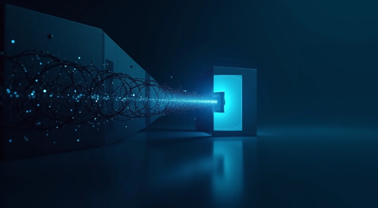 Abstract digital data stream flowing from legacy structure to modern architecture in dark blue and cyan tones.