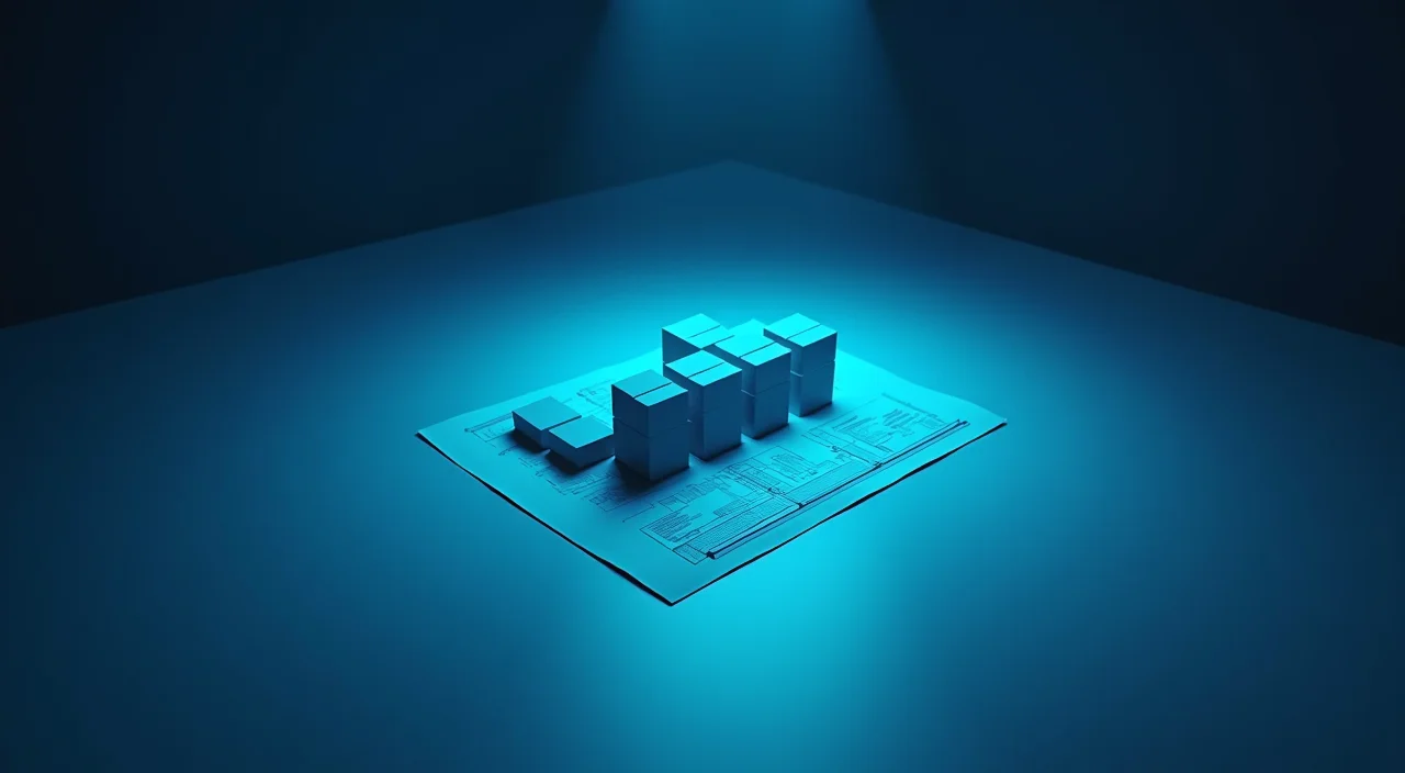 A minimalist editorial illustration of a database blueprint illuminated by cyan light on a dark blue surface, symbolizing strategic enterprise migration planning.