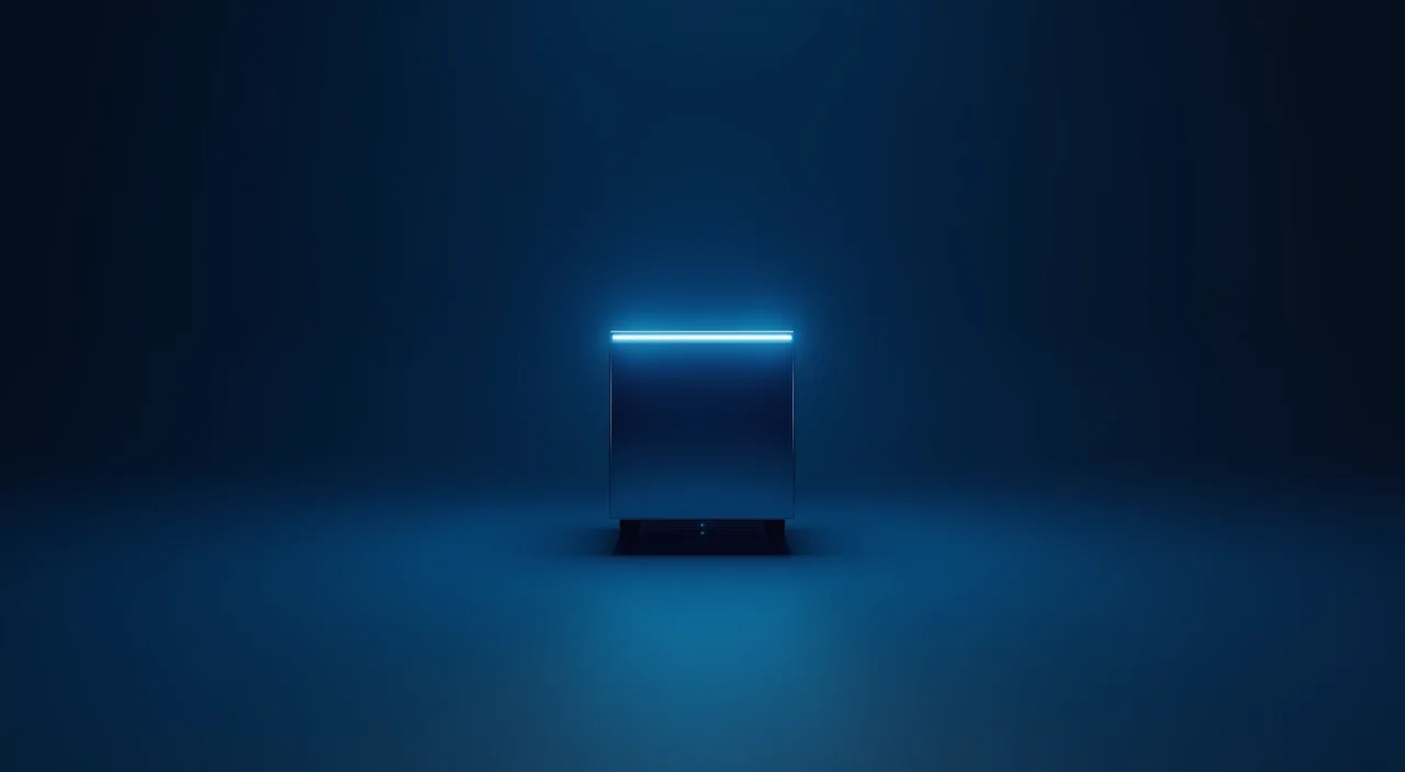 Isolated enterprise server hardware component in a dark blue void with cyan lighting.