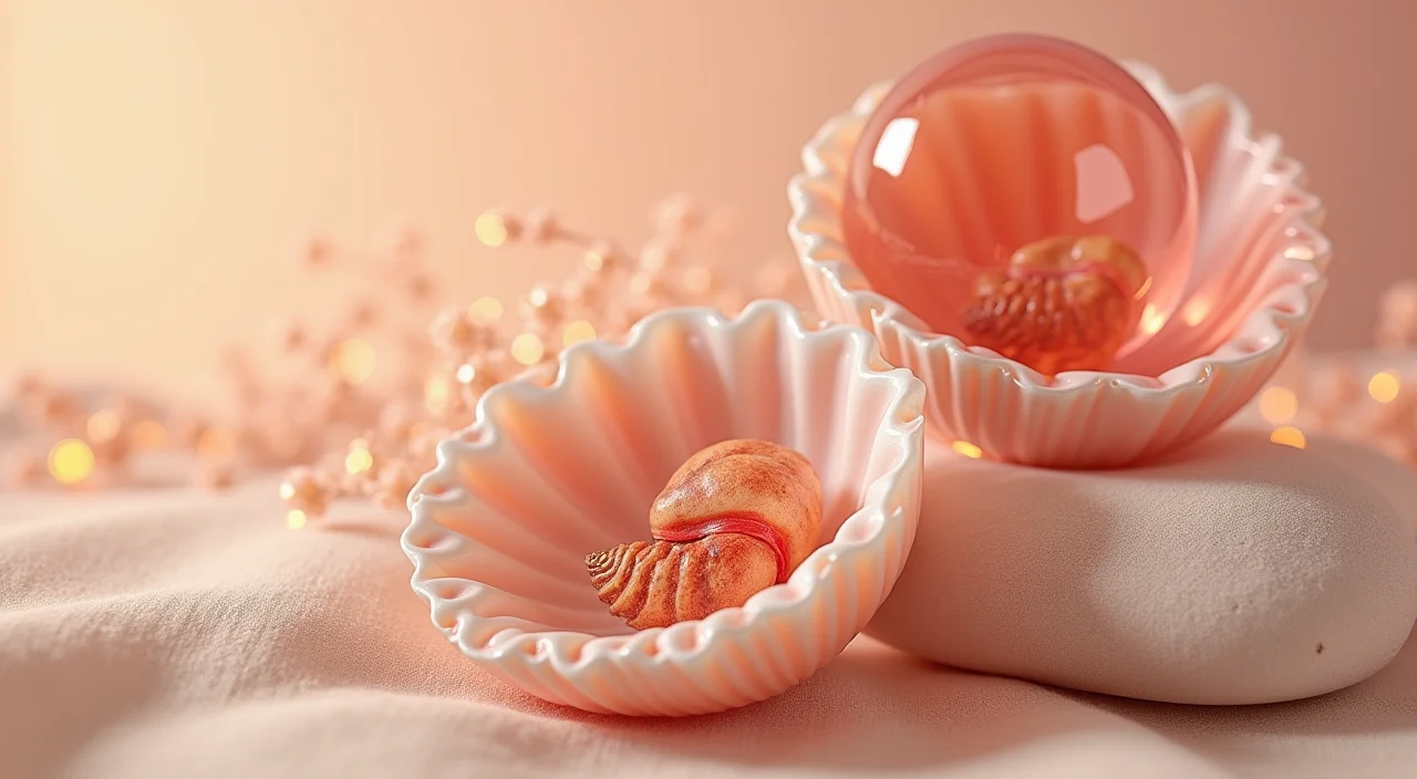 Nested transparent glass shells around a solid ceramic core on a linen surface