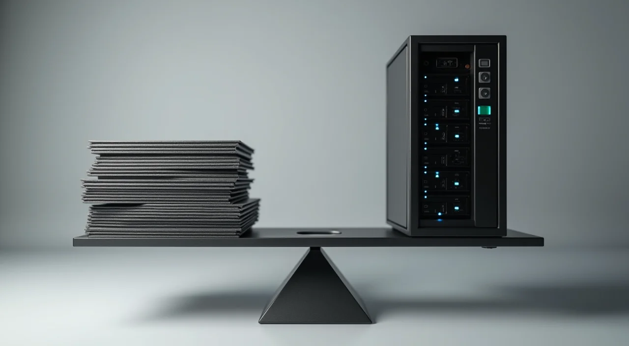 A precision balance scale comparing a stack of steel ledger books against a modern server unit, symbolizing the trade-off between licensing costs and hardware performance in enterp