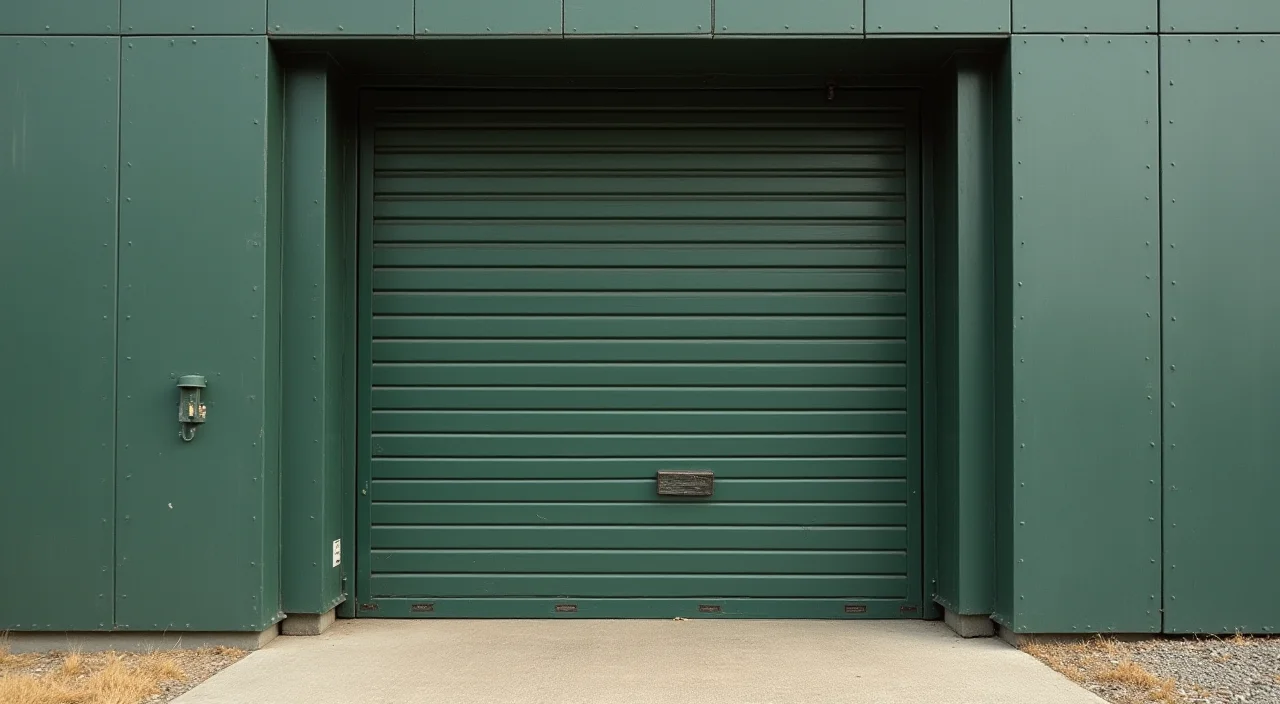 A half-open industrial rollback gate representing migration risk assessment, photographed in a minimalist editorial style.
