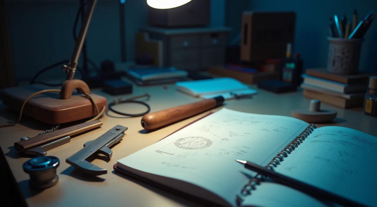 A detailed editorial still life of a workspace featuring calipers, blank notebooks, and cable clips under focused lighting, symbolizing the precise measurement and structured plann