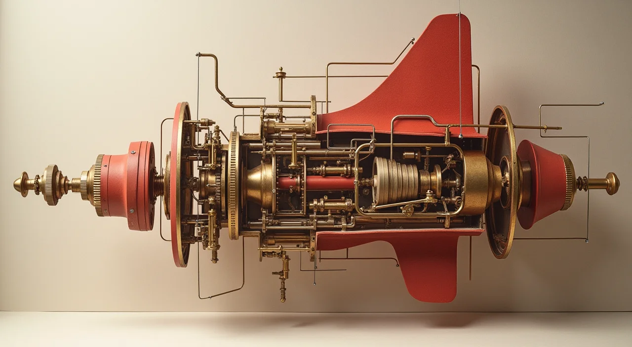 Precision mechanical components suspended in ordered spacing above a linen surface, illustrating technical mechanism breakdown.