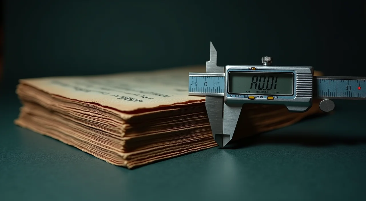 A precision caliper measuring a stack of leather-bound ledgers to symbolize the technical audit of Oracle database compatibility.