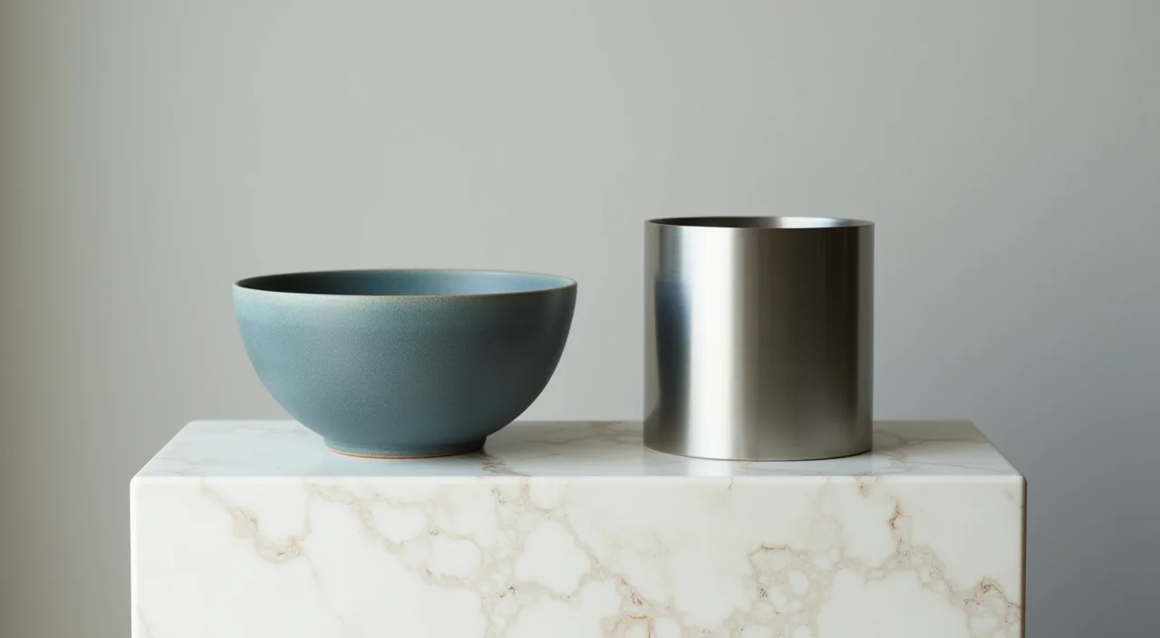 Ceramic bowl and brushed metal cylinder side by side on marble plinth representing unified versus specialized database architecture