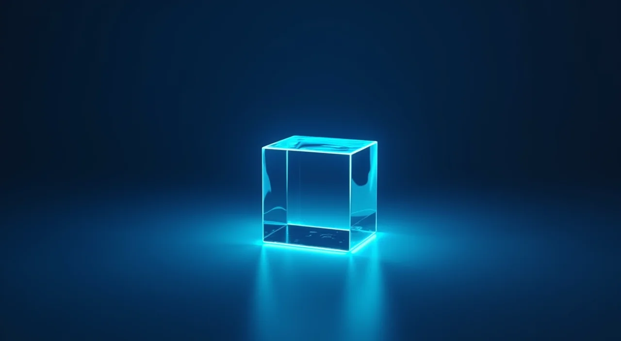 A stylized glass data cube on a dark blue surface with cyan lighting, representing enterprise database architecture.