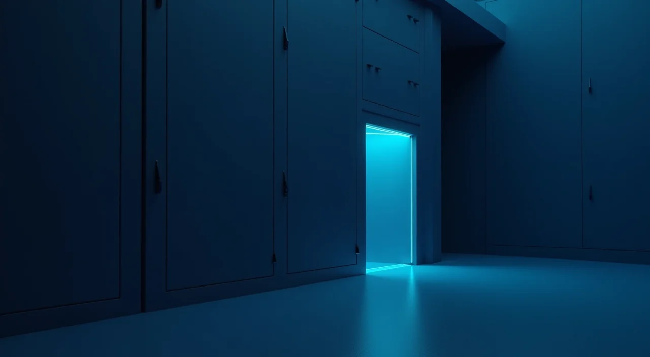 A minimalist dark blue and cyan architectural structure representing secure enterprise data infrastructure on a clean background.