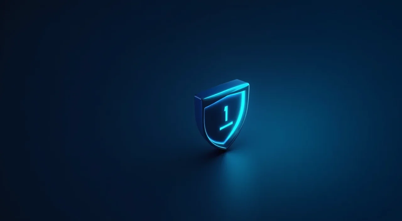 Abstract digital shield representing secure enterprise database stewardship in deep blue and cyan tones.