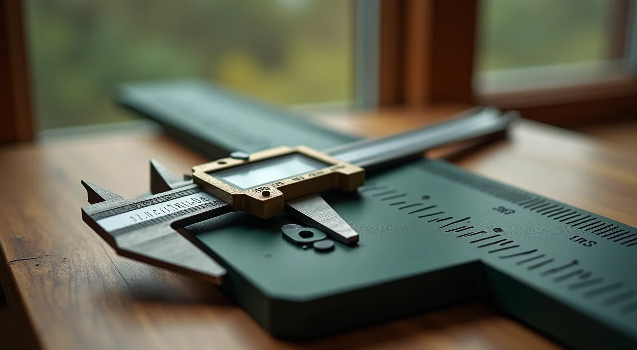 Close-up of a brass caliper measuring a matte block, symbolizing precise vendor selection and TCO evaluation.