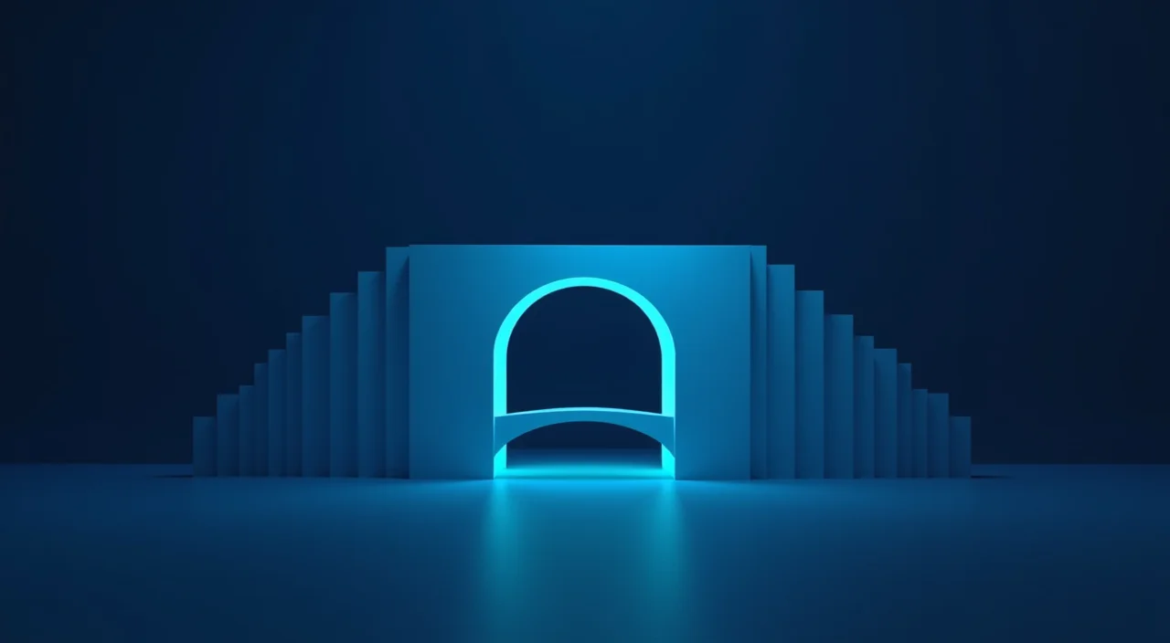 Abstract architectural bridge connecting two structures in deep blue and cyan, representing enterprise database migration.