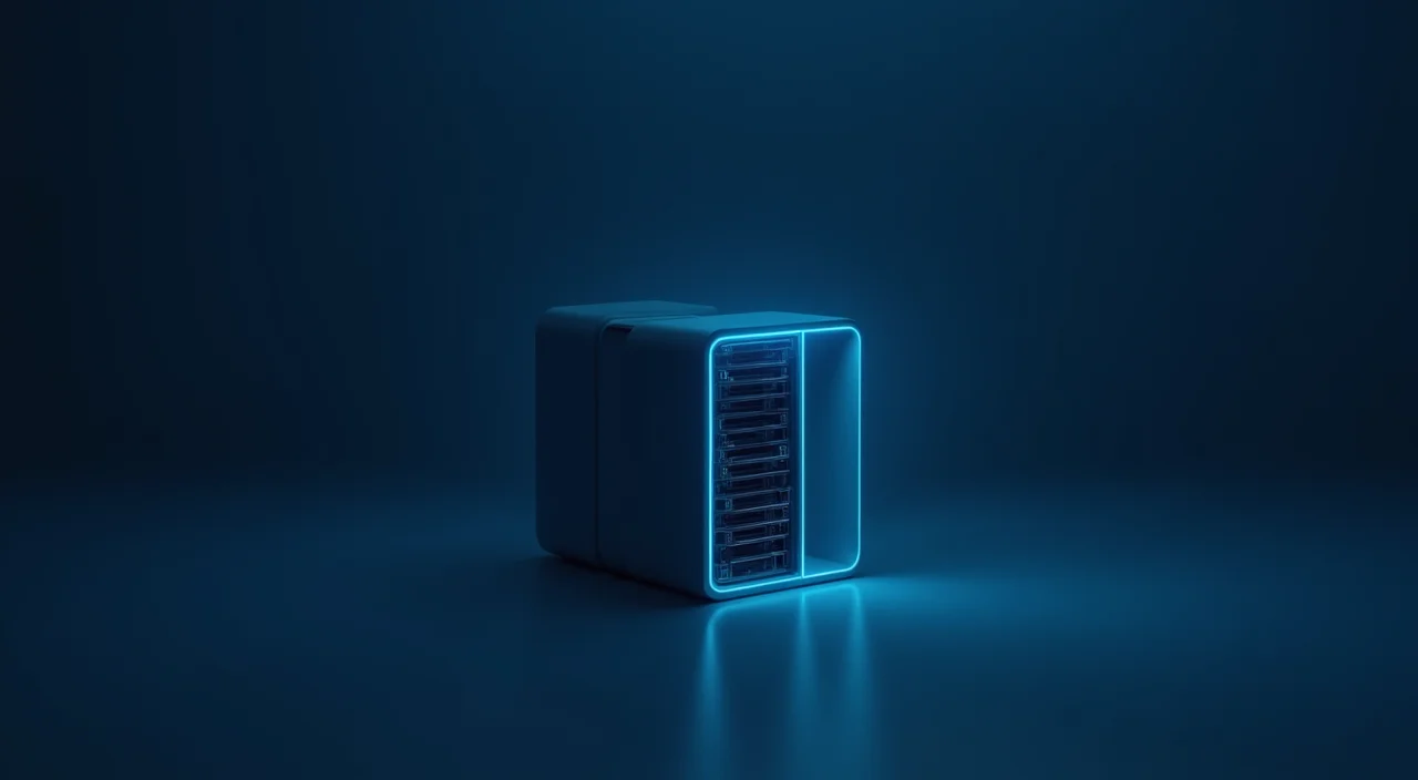 Abstract dark blue and cyan architectural structure representing a unified database engine with internal isolation zones.