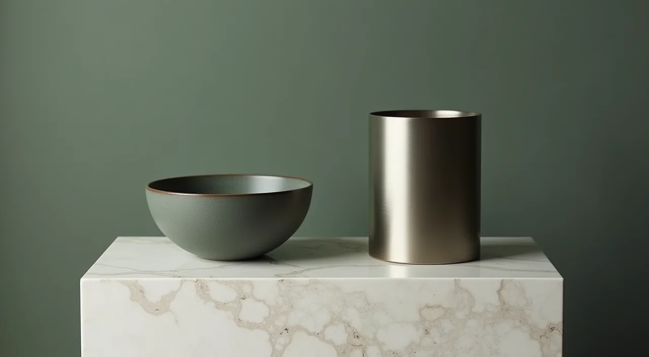 Ceramic bowl and brushed metal cylinder displayed side by side on a marble plinth, representing architectural separation of transactional and vector data layers.
