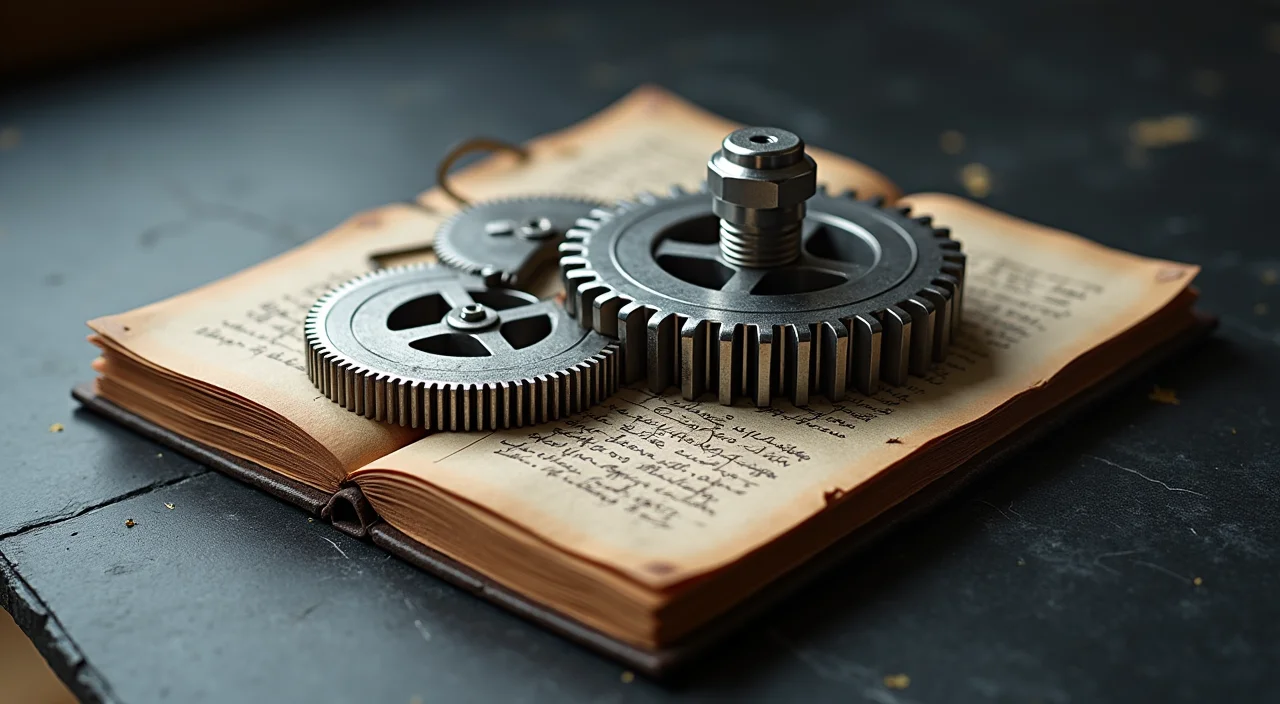 A detailed cross-section of an industrial gear mechanism alongside a stack of technical ledgers, symbolizing the trade-offs in enterprise database migration decisions.