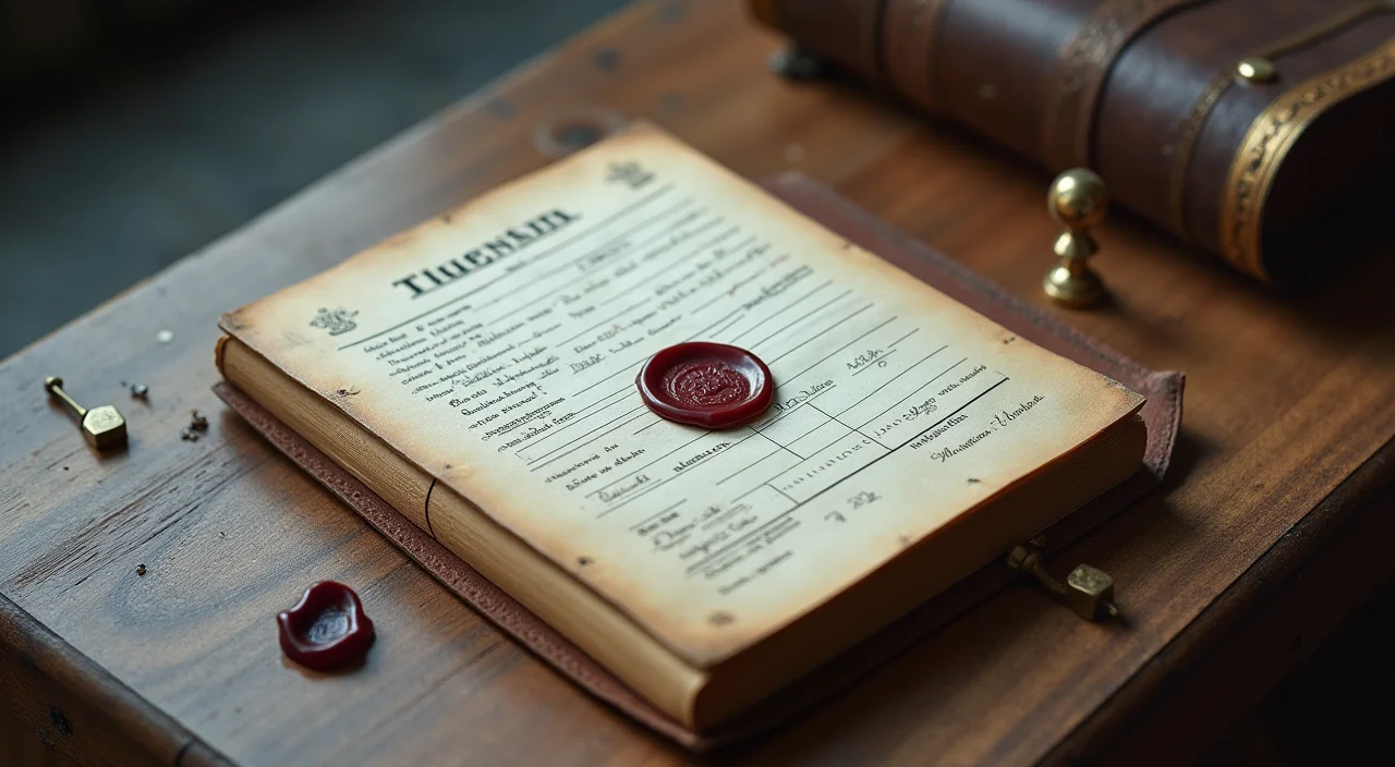 A ledger book sealed with wax and a brass stamp resting on linen, symbolizing verified value proof.