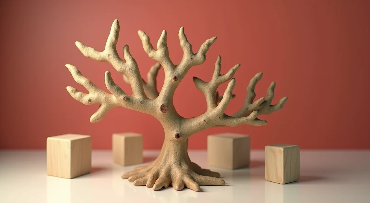 A structured wooden fault-tree model representing diagnostic logic for database migration risks