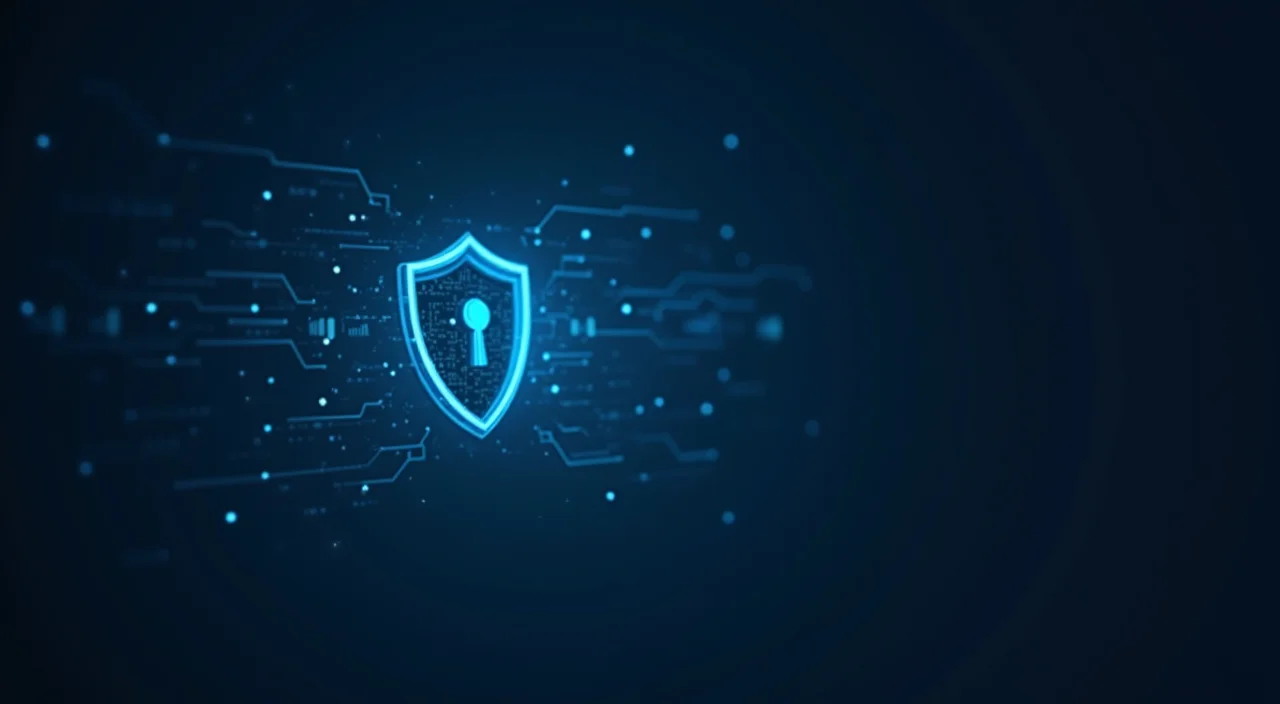 Abstract digital shield icon in dark blue and cyan representing enterprise database risk control and security.