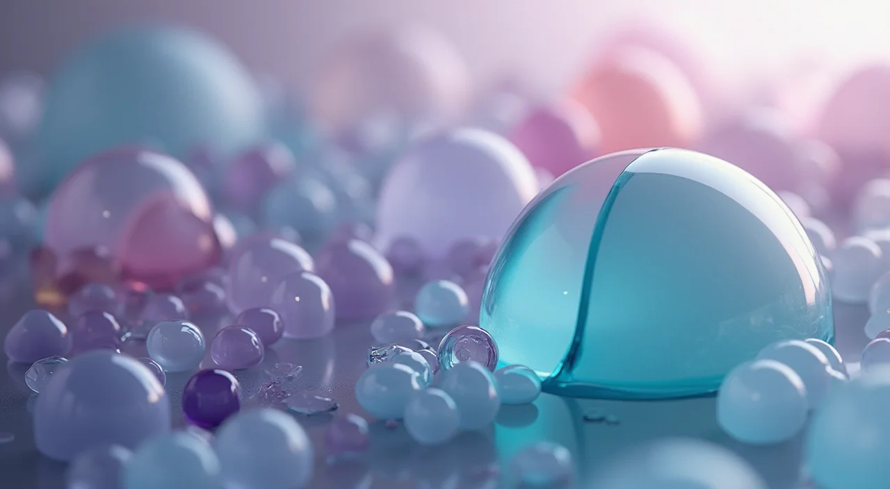 Nested transparent glass shells surrounding a solid ceramic core on a neutral surface