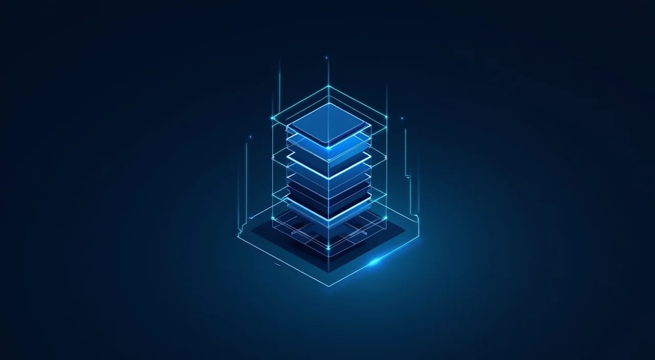 Abstract geometric blueprint of a database architecture in dark blue and cyan on a clean dark background.