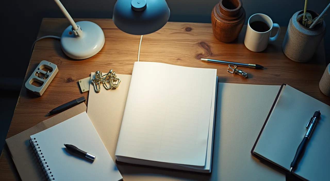 Editorial still life of a workspace with calipers and notebooks, symbolizing the systematic assessment of enterprise database migration readiness.