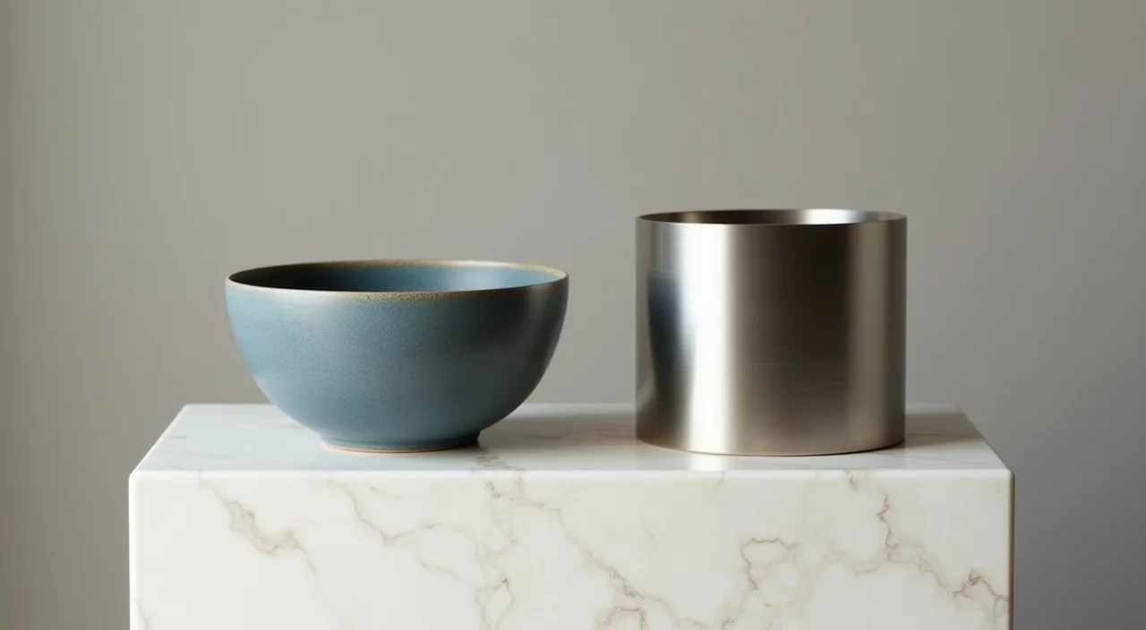 Side-by-side comparison of ceramic and metal vessels representing database architecture choices