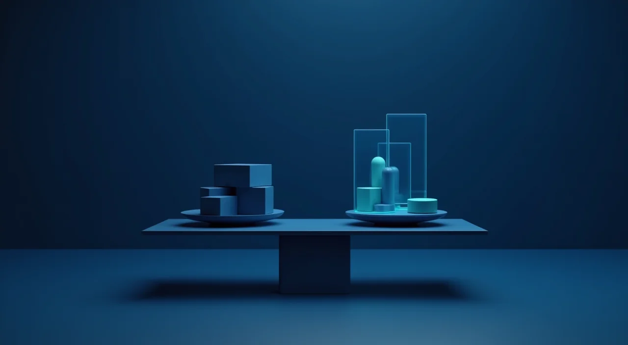 Abstract dark blue and cyan balance scale representing the evaluation of enterprise database workload complexity and migration feasibility.