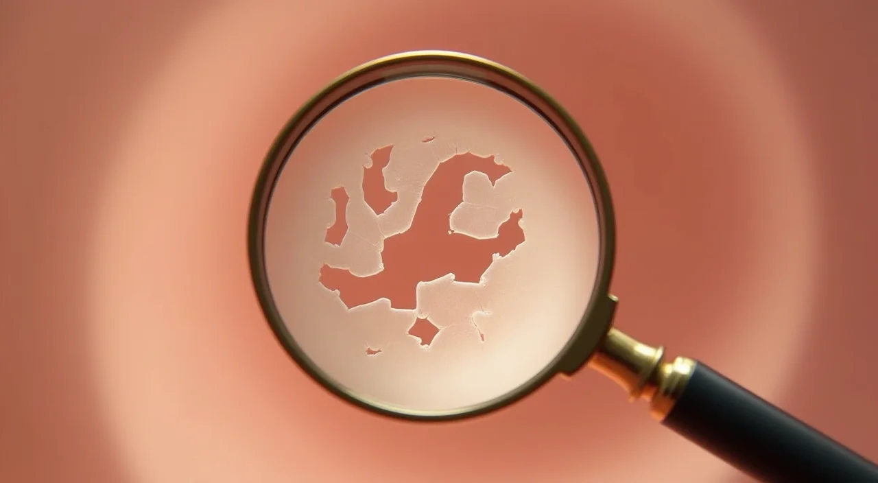 Close-up of a magnifying glass inspecting a fine crack in a translucent acrylic panel, symbolizing the diagnosis of technical risks in large-scale data migration.