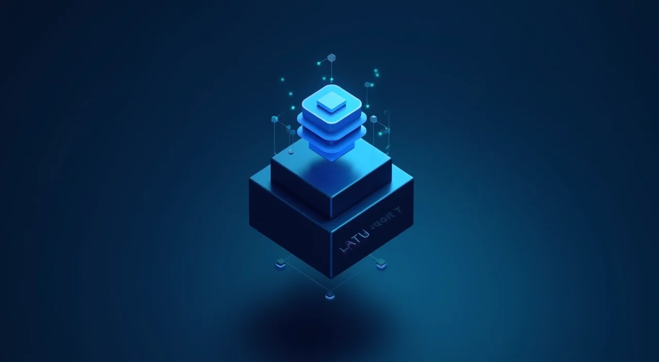 A minimalist 16:9 editorial illustration showing a dark blue secure database block separated by negative space from a cyan vector layer, symbolizing a decoupled enterprise architec