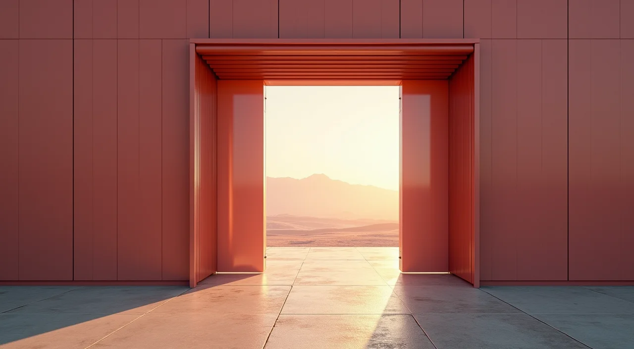 A half-open industrial shutter gate representing the critical risk and control points of migrating high-availability database systems.