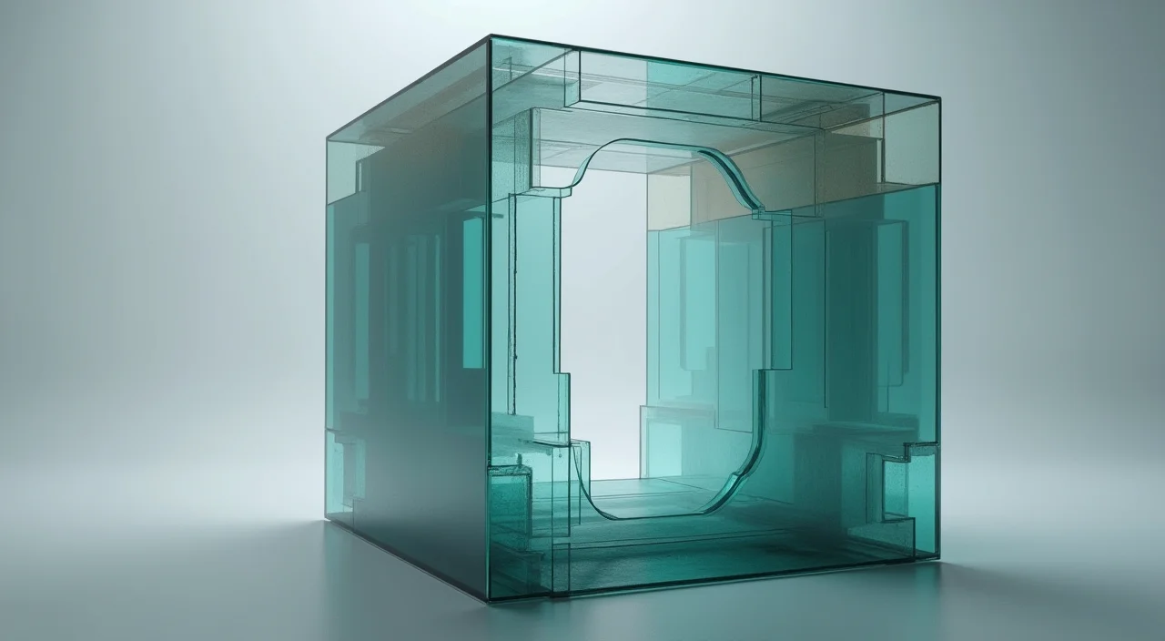 A semi-transparent resin cube sliced into layers revealing geometric concept layers, symbolizing the structured assessment of Oracle migration risks.