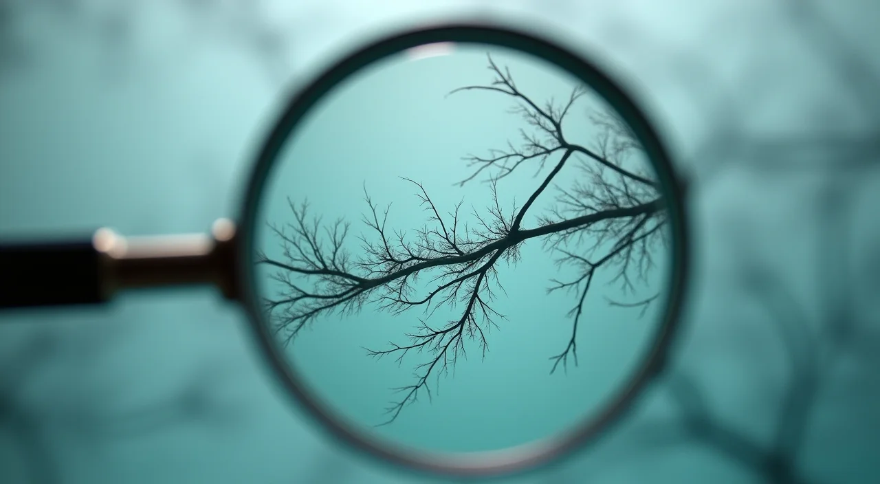 Close-up of a brass magnifying glass inspecting a fine crack in a translucent acrylic panel
