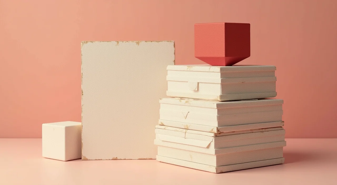 Archival stamp pad and blank forms on linen under museum spotlight