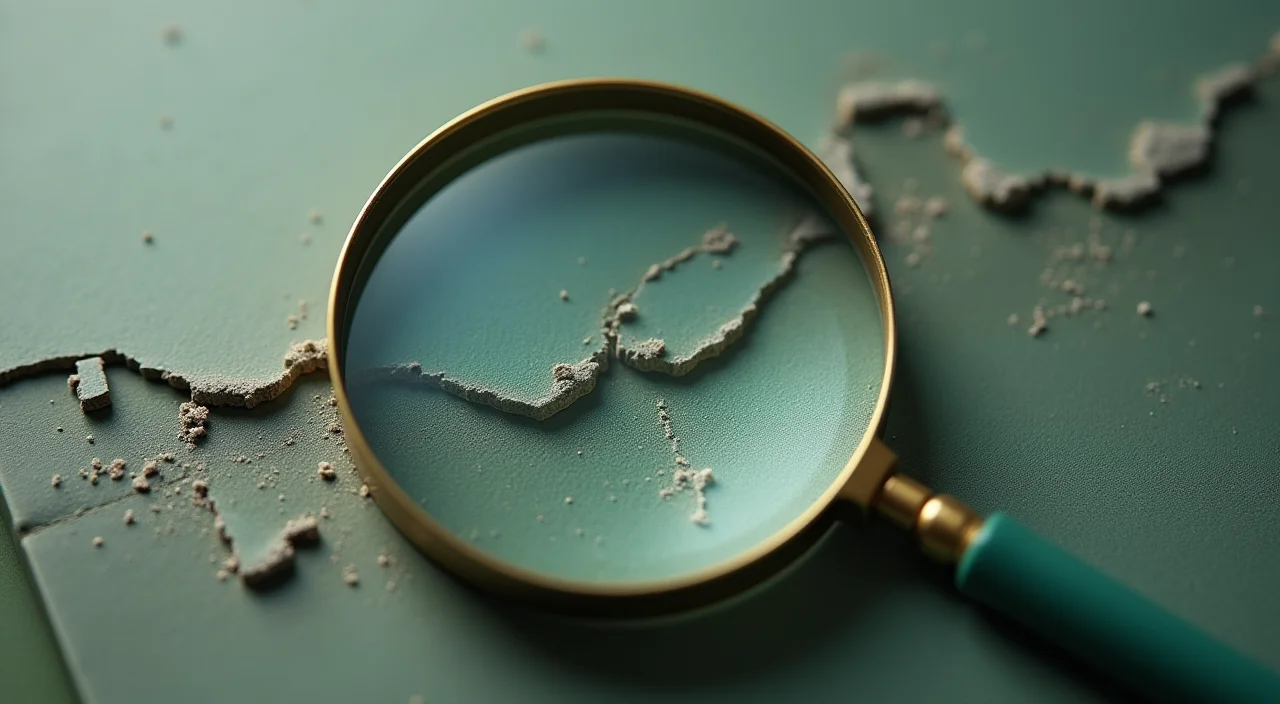 Close-up of a magnifying glass examining a fine crack in a clear acrylic block resting on a linen surface