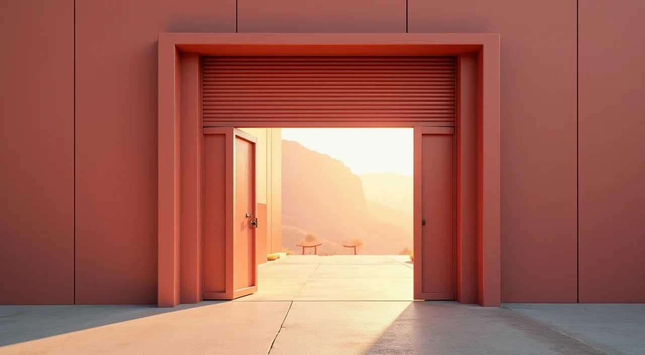 Half-open industrial sliding shutter gate symbolizing risk assessment and rollback feasibility in AI data infrastructure migration