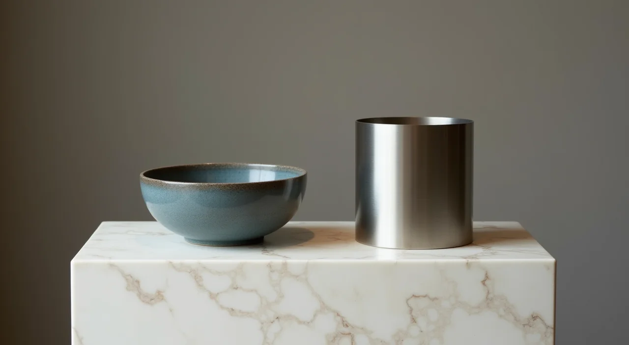 Ceramic bowl and brushed metal cylinder on marble plinth representing unified versus fragmented database architectures