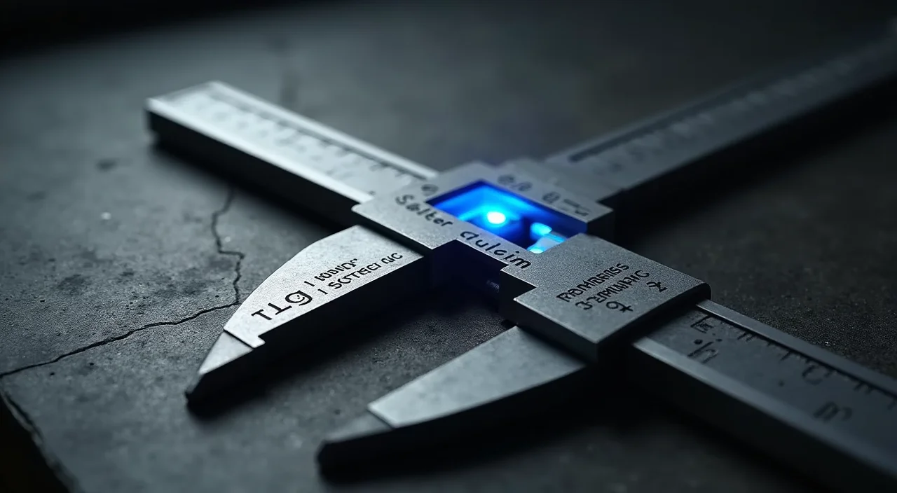 A precision steel caliper gauge measuring the alignment of two metallic plates, symbolizing the technical validation of Oracle database syntax compatibility.