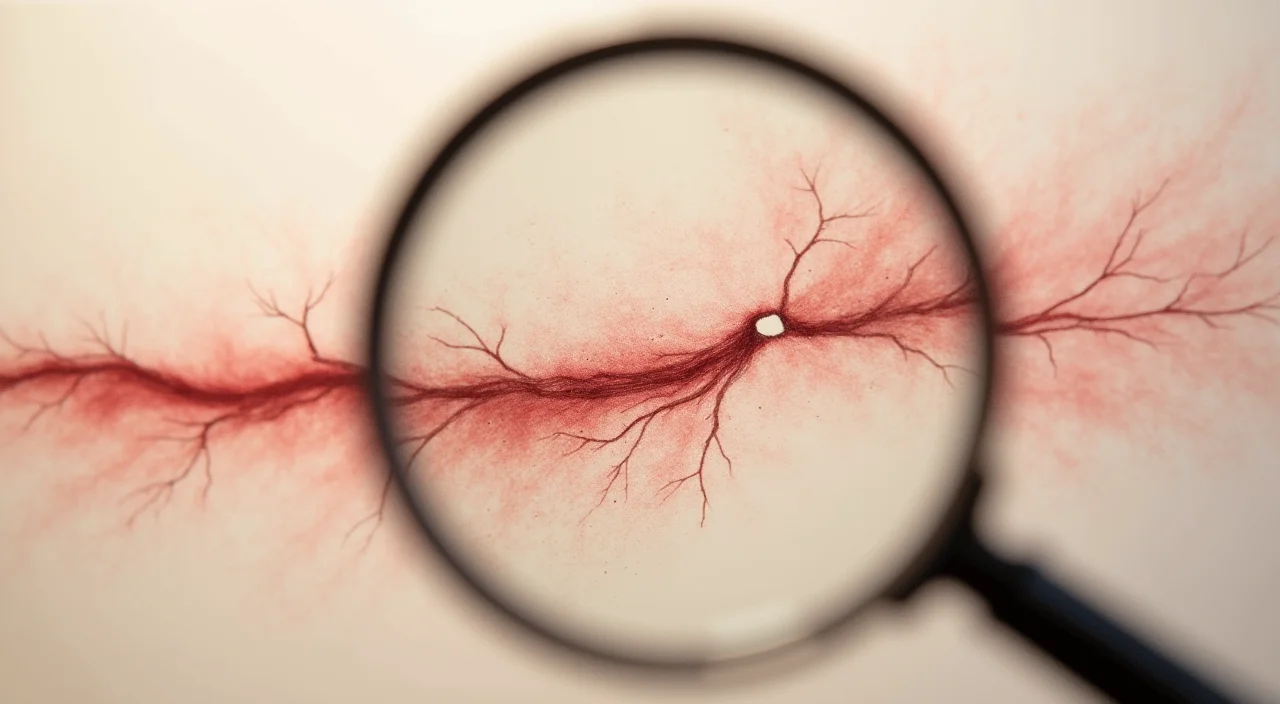 A magnifying glass inspecting a fine crack in a translucent acrylic panel resting on a linen surface