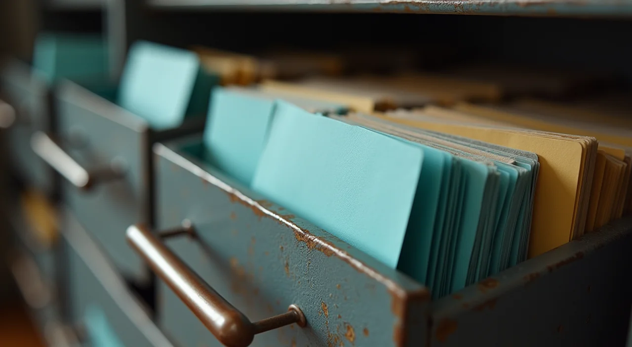 Blind stakeholder cards in a metal sorter representing a secure database migration evaluation framework