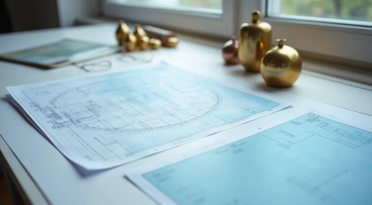 Blueprint table with blank translucent sheets and brass paperweights