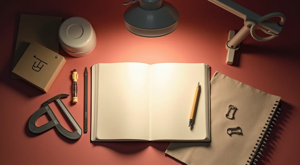 A minimalist workspace featuring technical tools and blank notebooks under focused lighting, symbolizing the architectural evaluation of database capabilities.