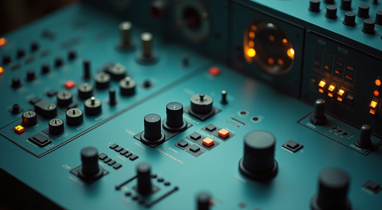 A close-up editorial shot of an industrial control console with unlabeled brass knobs under focused lighting, symbolizing the precision required for complex Oracle to KingbaseES mi
