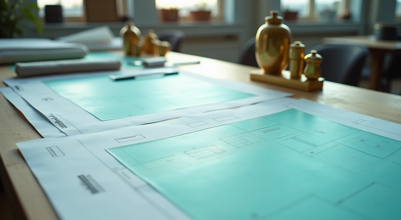 A strategic blueprint table with translucent sheets and brass paperweights representing audit-proof TCO planning