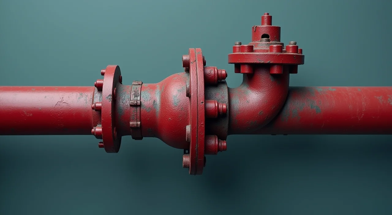 Close-up of a red bypass valve on industrial piping representing risk mitigation in enterprise data migration