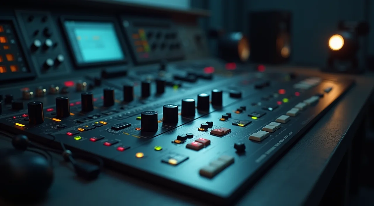 Close-up of a minimalist control console with unlabeled knobs and brass accents under focused lighting, representing technical evaluation of on-premises database infrastructure.