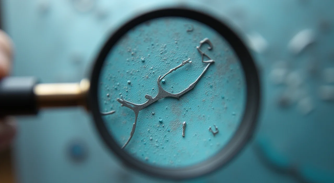 Close-up of a brass magnifying glass inspecting a hairline fracture in a matte acrylic panel, symbolizing the diagnosis of architectural gaps in zero downtime database migration.