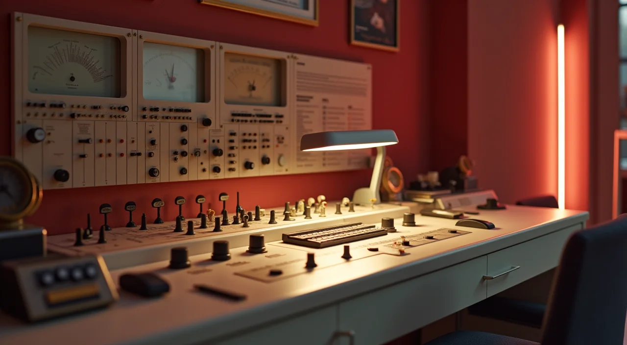 A minimalist industrial control console with unlabeled brass knobs and matte surfaces under focused lighting, symbolizing structured enterprise data architecture.