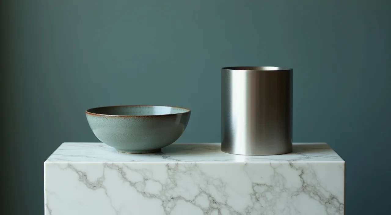 Ceramic bowl and brushed metal cylinder displayed side by side on a marble plinth, representing a comparison of migration targets