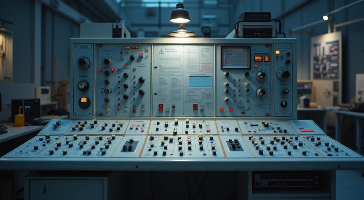 Close-up of a minimalist control console with unlabeled interfaces under focused lighting, representing architectural evaluation.